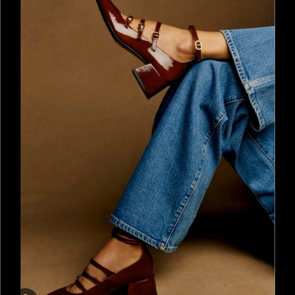 Sézane Patent Mahogany (Burgundy) Patent Mary Jane Block Heel Flats - Picture 1 of 8